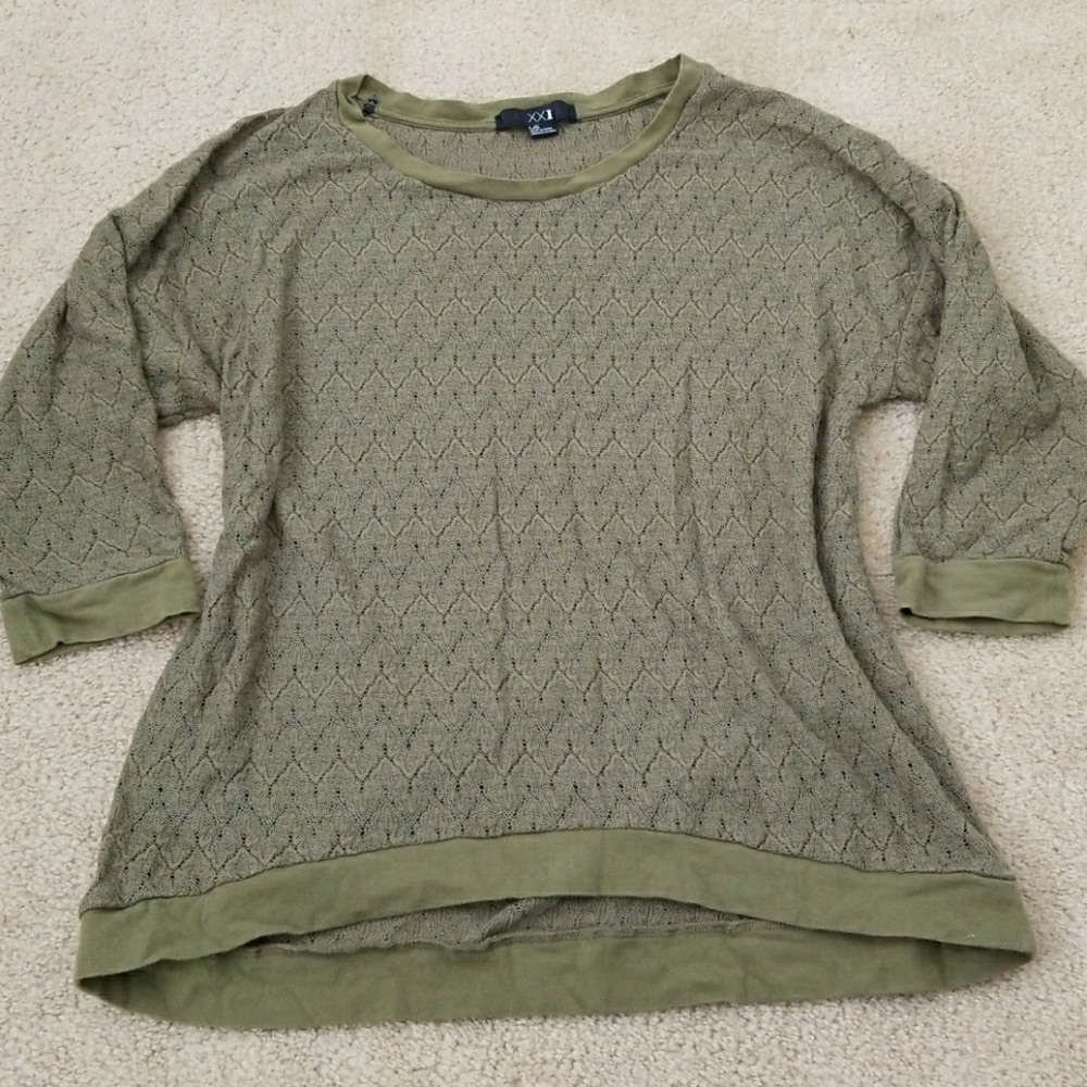 Pointelle knitted olive green spring sweater